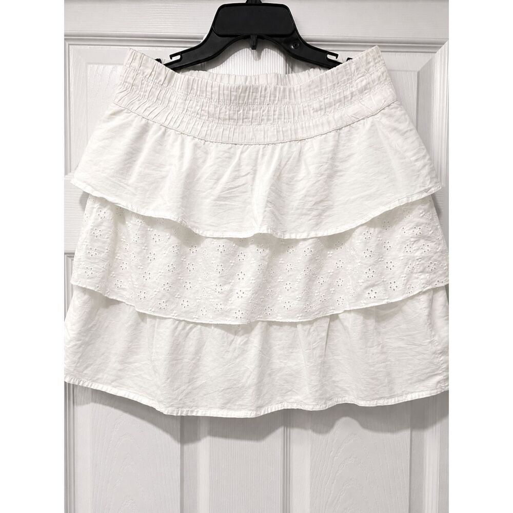 White Tiered Eyelet Ruffle Mini Skirt Smocked Waist